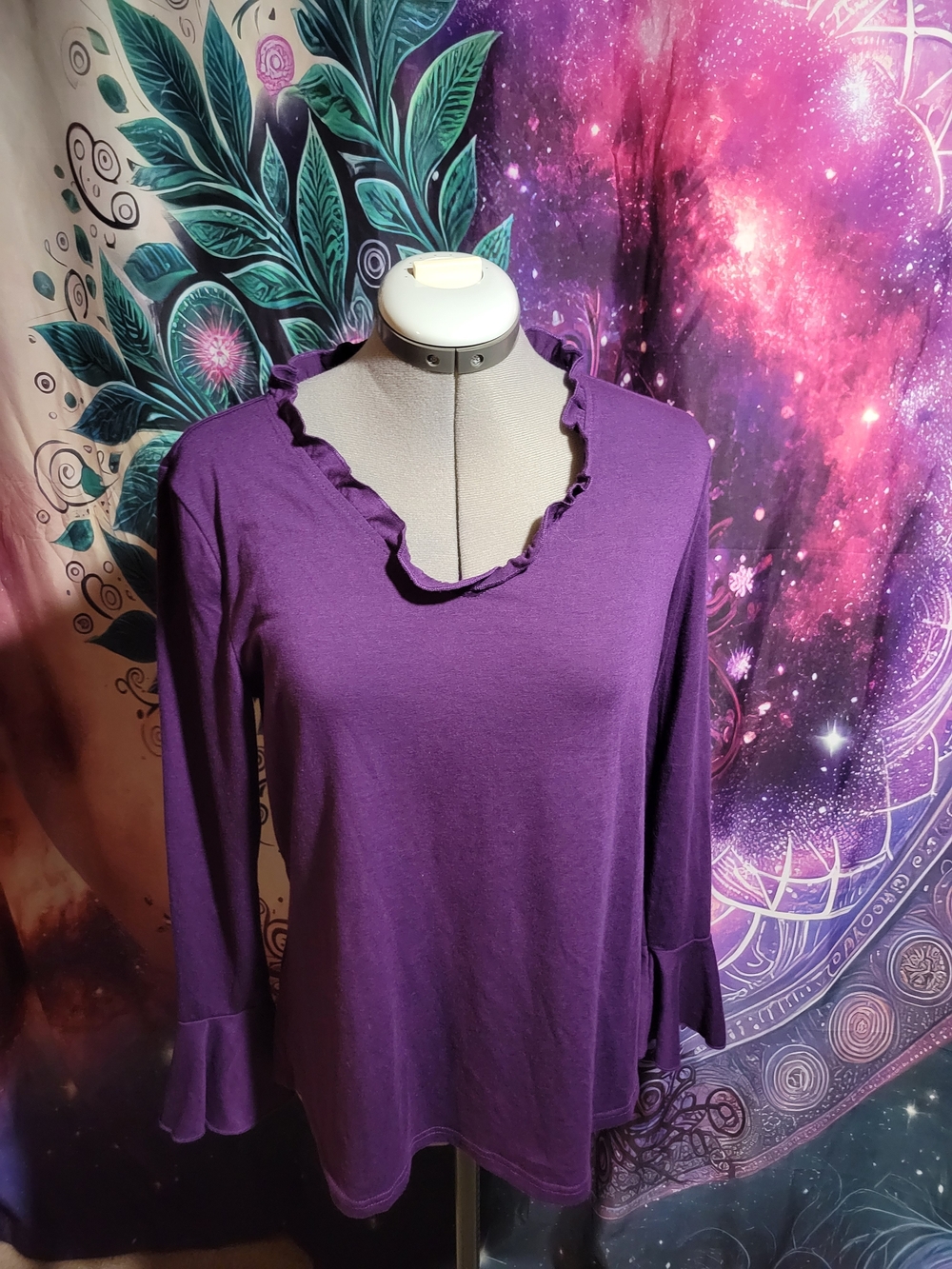 Purple Ruffle-Neck Long Sleeve Top